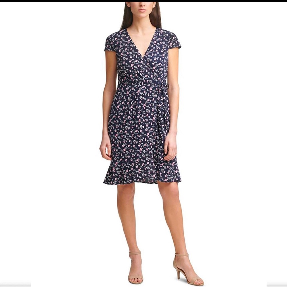 Jessica Howard Blue Pink Floral Faux Wrap Ties Cap Sleeve Dress Women’s Size 18W